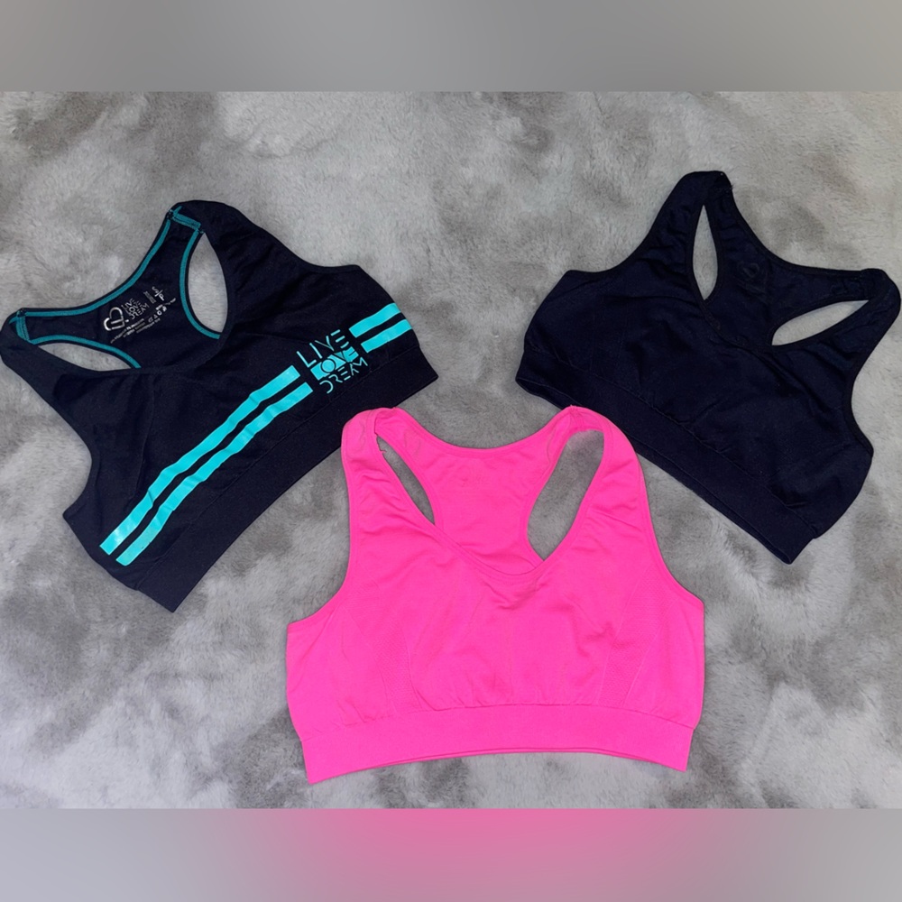 ♠️Set of Three Sports Bras - Black, Pink, and Black with Blue Stripes